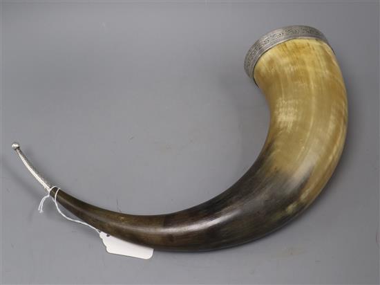 A white metal mounted cow horn, 19th century